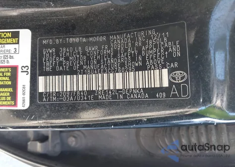 2012 Toyota Corolla Le из США, поврежденный, VIN 2T1BU4EE3CC760295